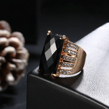 Black Crystal and Cubic Zirconia 18K Gold-Plated Rectangle Prong Ring, gold statement rings for women, detail close-up