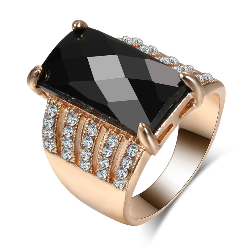Black Crystal and Cubic Zirconia 18K Gold-Plated Rectangle Prong Ring, gold statement rings for women, front view