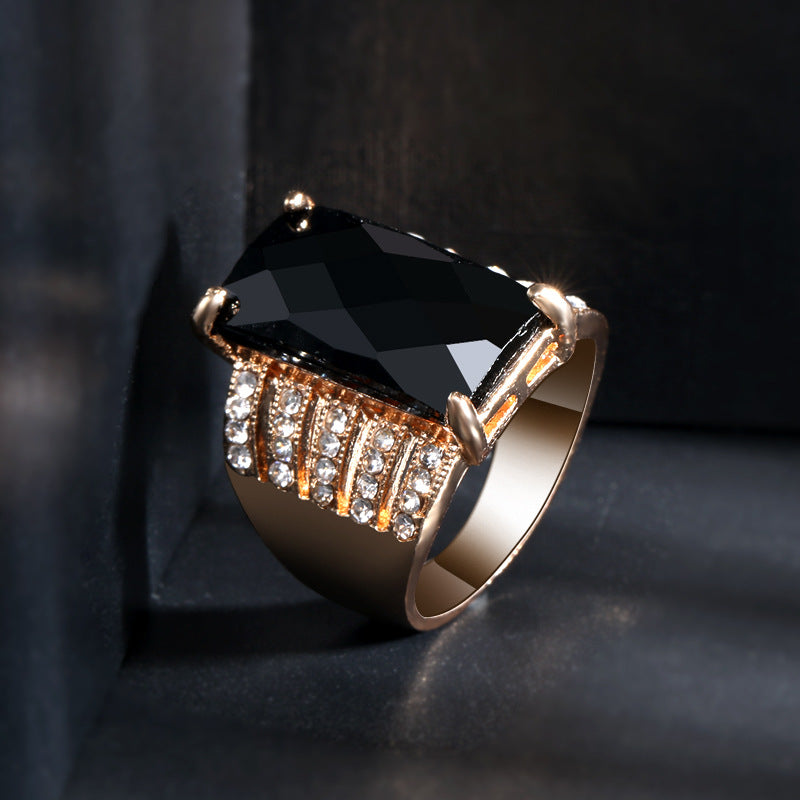 Black Crystal and Cubic Zirconia 18K Gold-Plated Rectangle Prong Ring, gold statement rings for women, lifestyle look