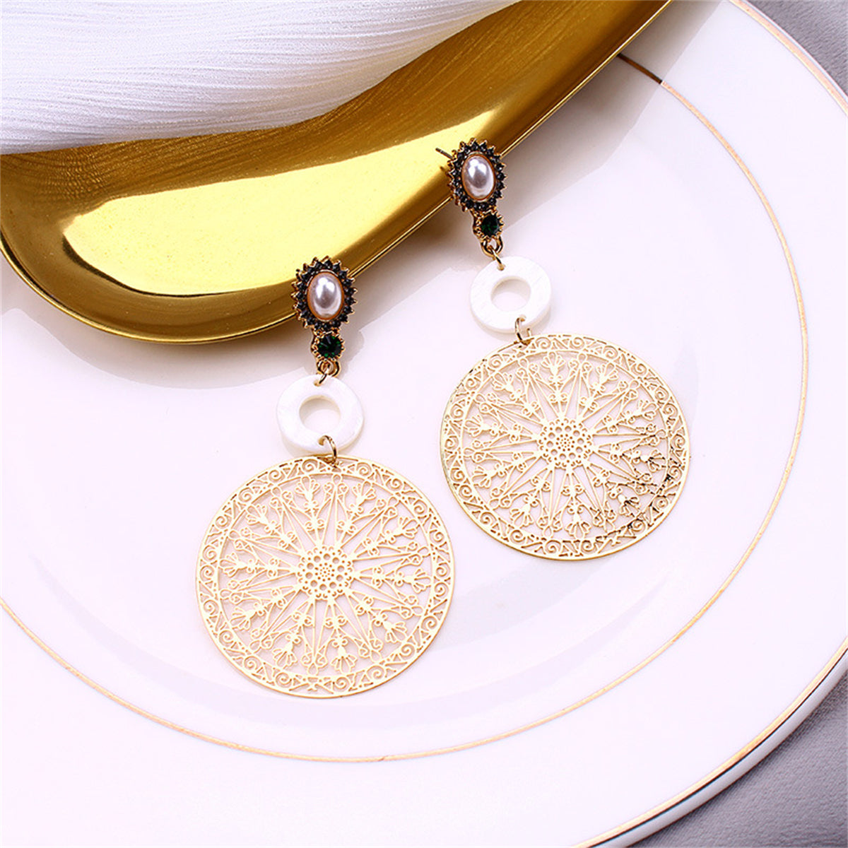 Pearl and Cubic Zirconia 18K Gold-Plated Filigree Circle Drop Earrings, gold drop earrings for women, styled look