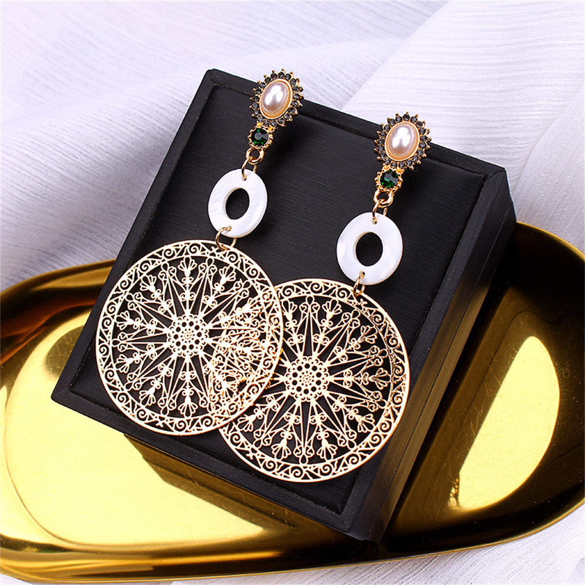 Pearl and Cubic Zirconia 18K Gold-Plated Filigree Circle Drop Earrings, gold drop earrings for women, lifestyle look