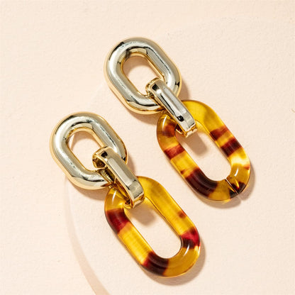 Brown Resin and 18K Gold-Plated Chain Link Drop Earrings, gold drop earrings for women, dainty minimalist design, side view