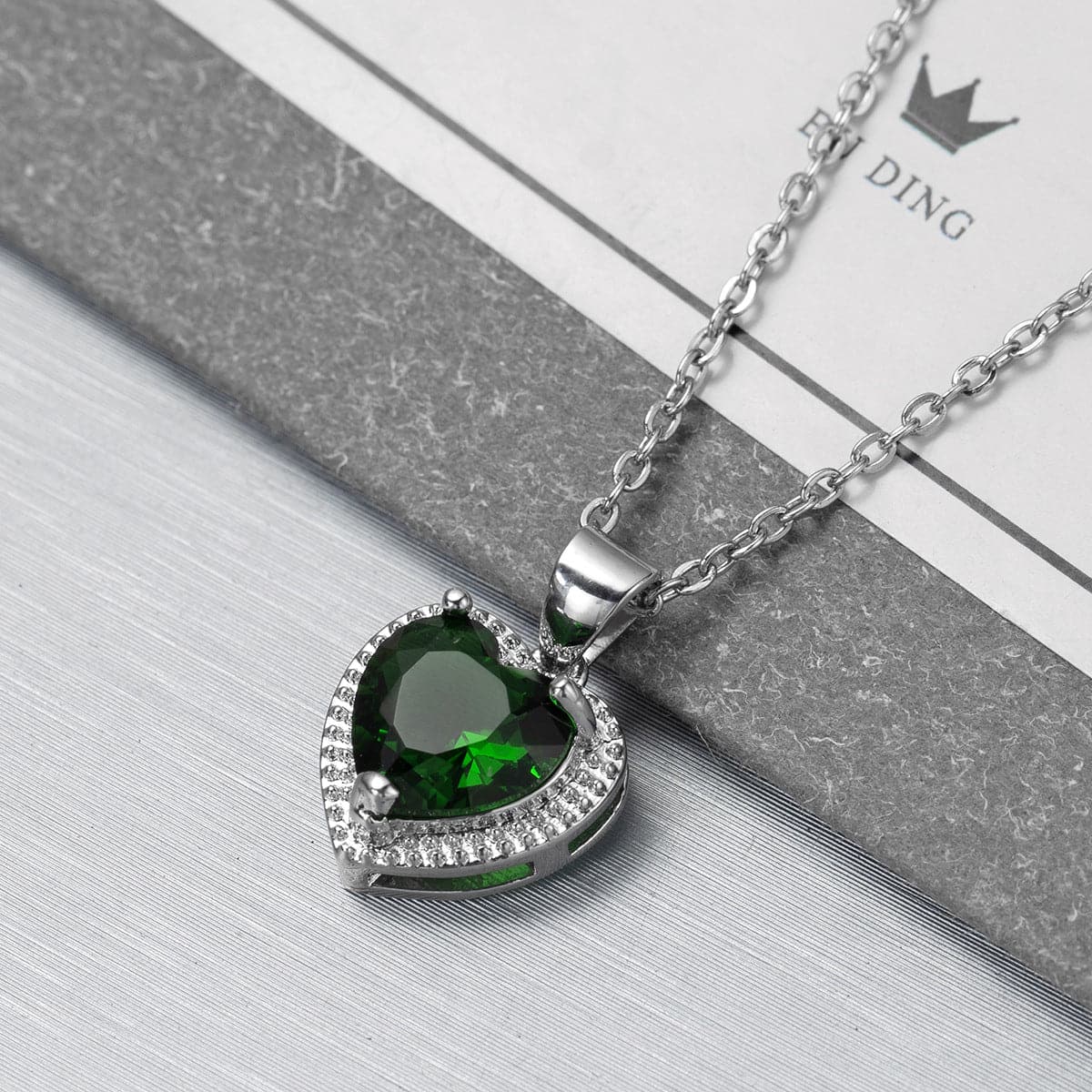Green Crystal & Silver-Plated Heart Pendant Necklace