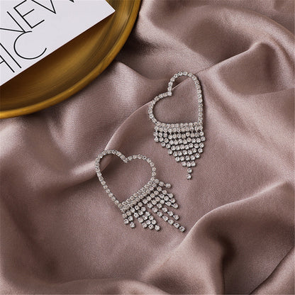 Cubic Zirconia and Silver-Plated Heart Tassel Drop Earrings, silver drop earrings for women, botanical inspired, front view
