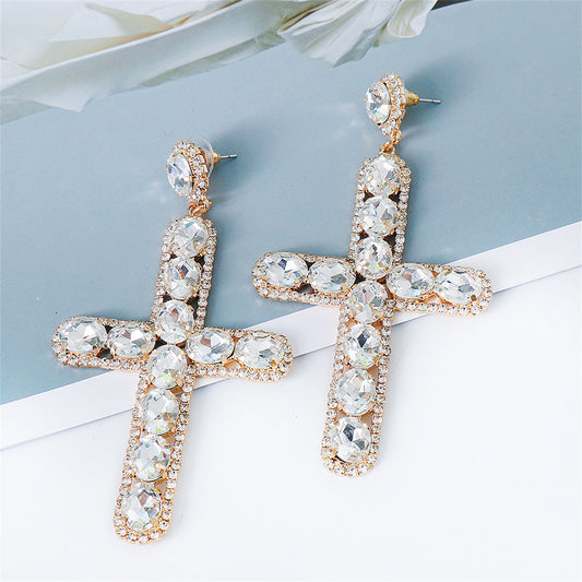 Crystal and Cubic Zirconia Cross Drop Earrings, drop earrings for women, botanical inspired, front view