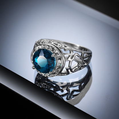 Blue Crystal and Silver-Plated Filigree Cocktail Ring, silver statement rings for women, vintage-inspired design, side view