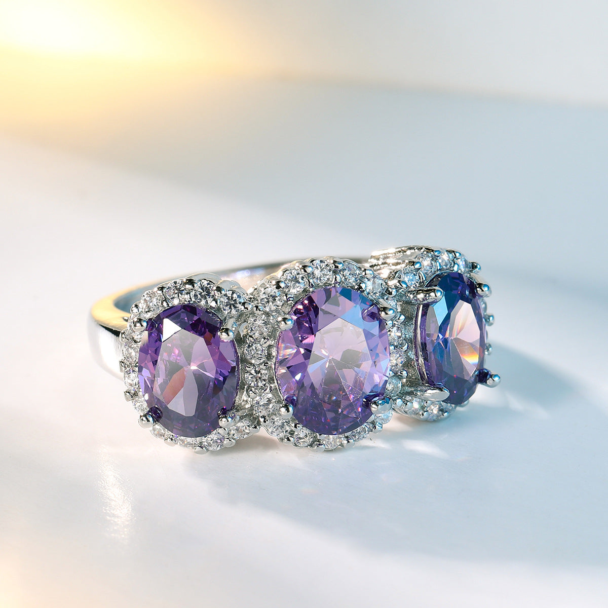 Purple Crystal and Cubic Zirconia Oval-Cut Ring, statement rings for women, elegant gift for her, detail close-up
