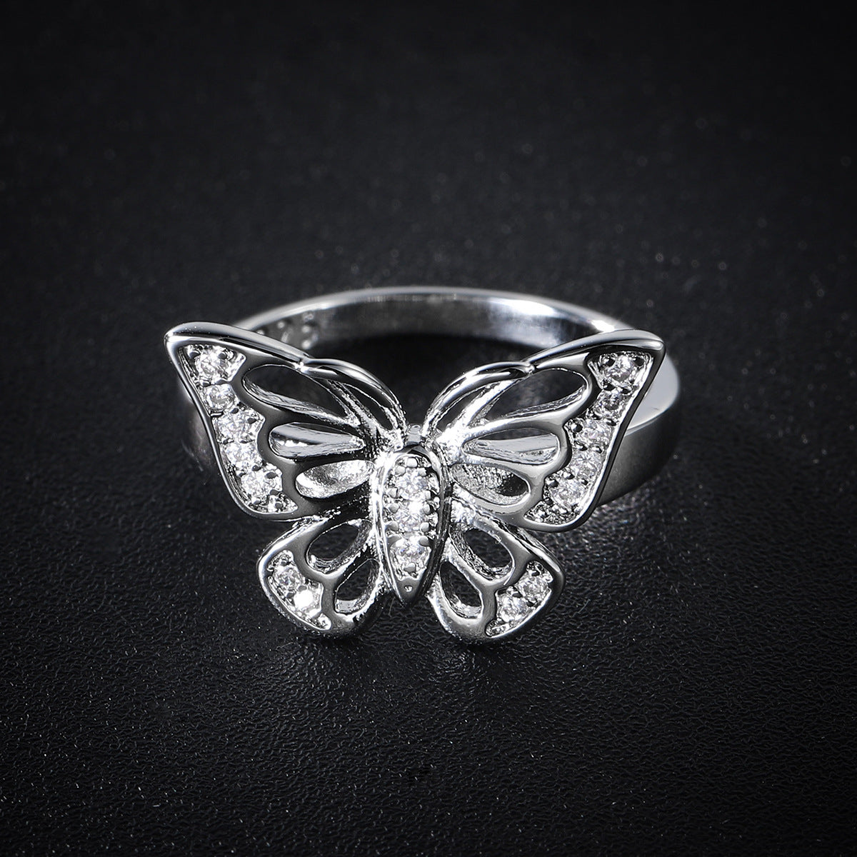 Cubic Zirconia and Silver-Plated Butterfly Ring, silver statement rings for women, elegant gift for her, side view