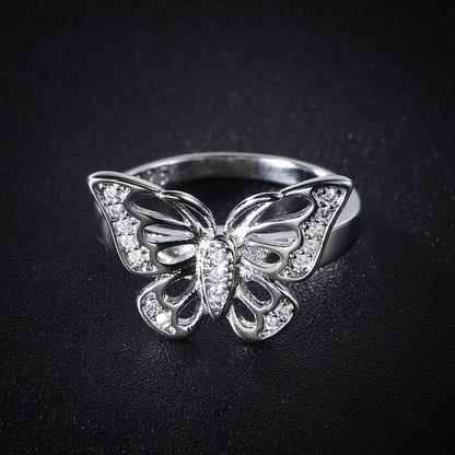 Cubic Zirconia and Silver-Plated Butterfly Ring, silver statement rings for women, elegant gift for her, side view