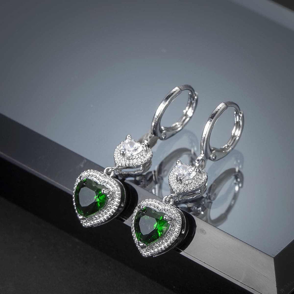 Green Crystal & Silver-Plated Heart Drop Earrings