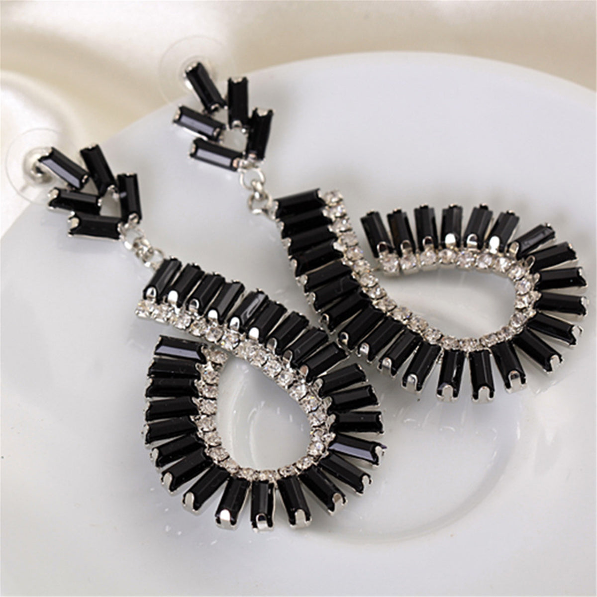 Black and Silver-Plated Baguette Open Teardrop Earrings, silver drop earrings for women, botanical inspired, styled look