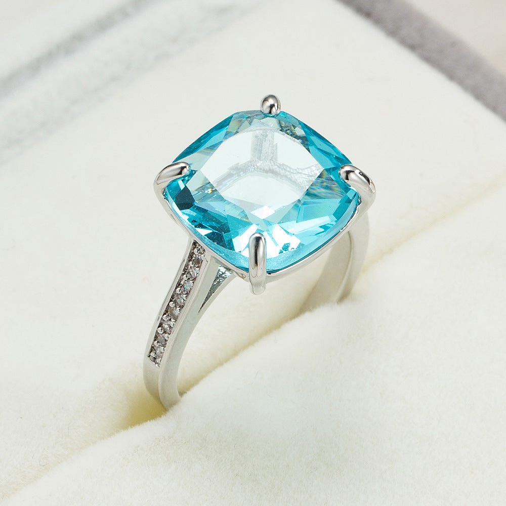 Cubic Zirconia and Sea Blue Princess-Cut Crystal Prong-Set Ring, statement rings for women, side view