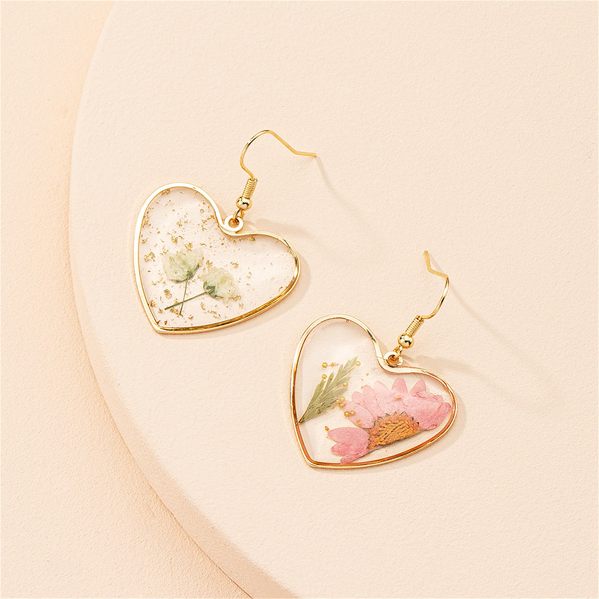 Pressed Flower & 18K Gold-Plated Heart Drop Earrings