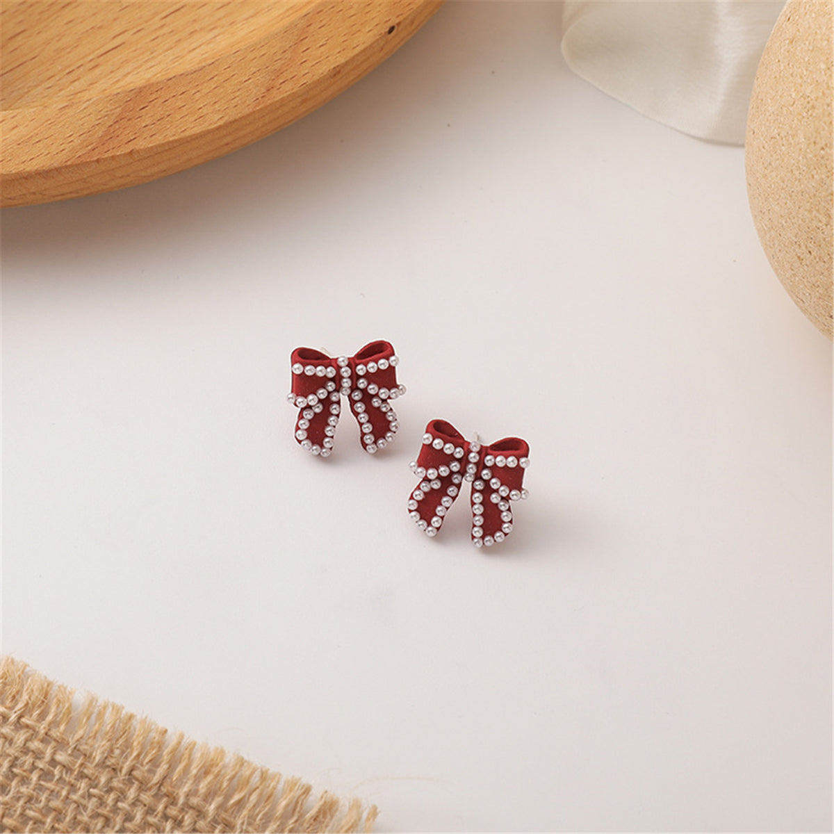 Pearl and Red Enamel Silver-Plated Bow Stud Earrings, silver stud earrings for women, everyday style, side view