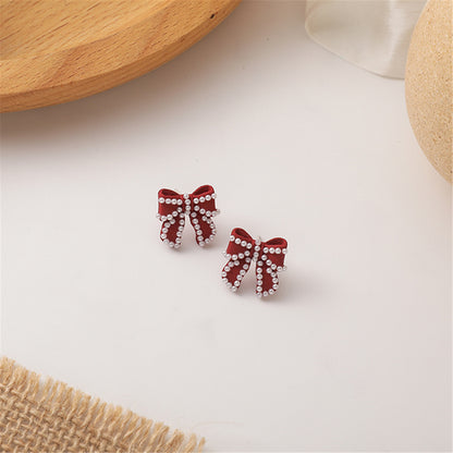 Pearl and Red Enamel Silver-Plated Bow Stud Earrings, silver stud earrings for women, everyday style, side view