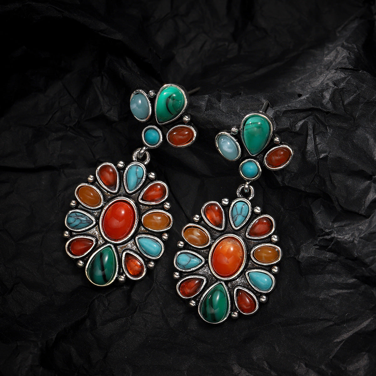 Orange Resin & Turquoise Silver-Plated Oval Drop Earrings