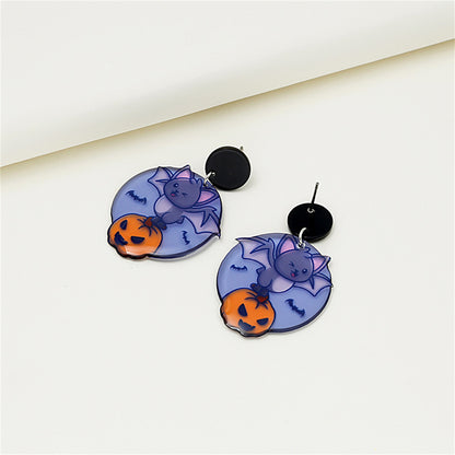 Purple and Black Bat Pumpkin Drop Earrings, drop earrings for women, everyday style, detail close-up
