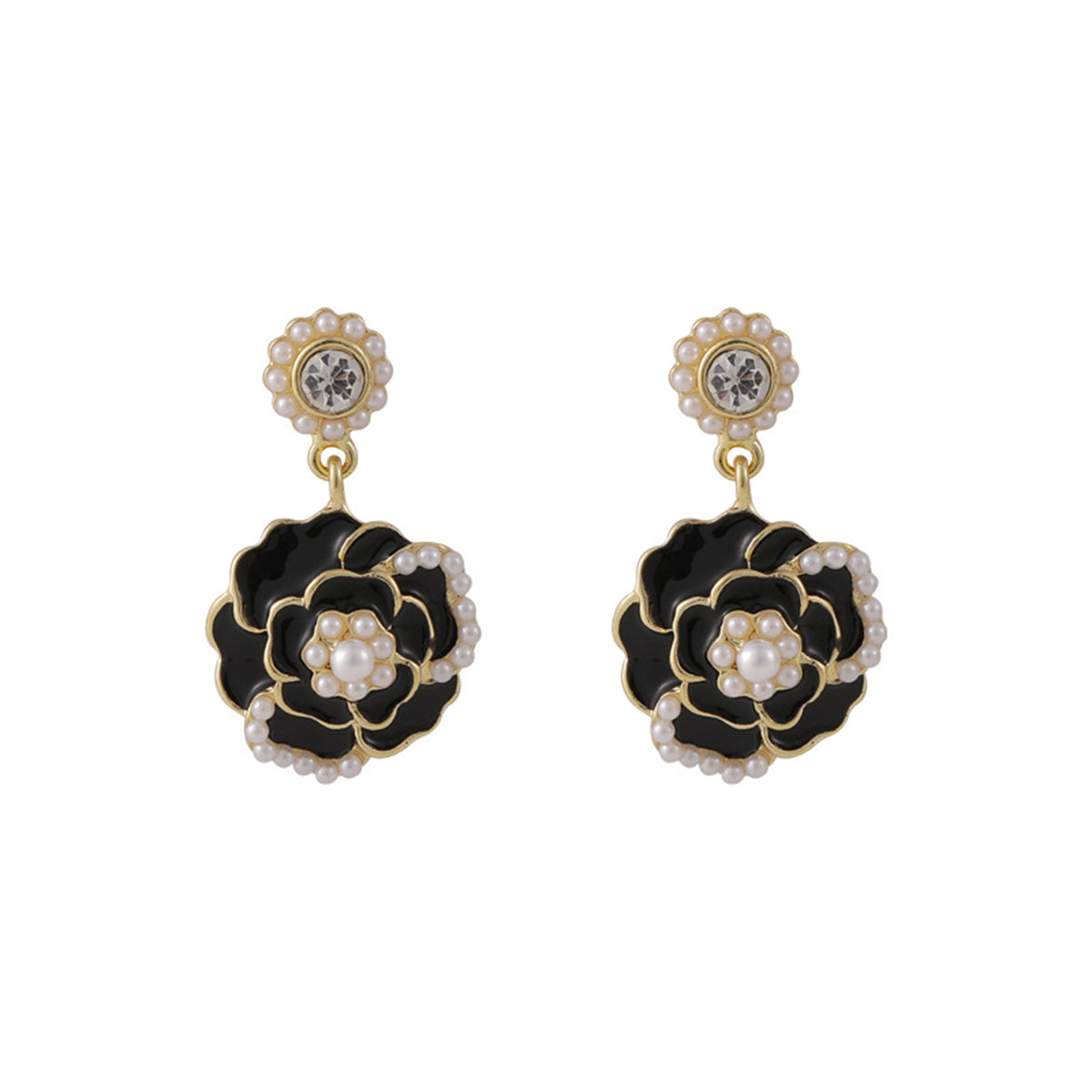 Cubic Zirconia & Pearl Black Enamel 18K Gold-Plated Tiered Camellia Drop Earrings