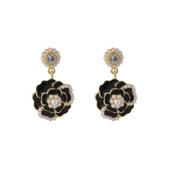 Cubic Zirconia & Pearl Black Enamel 18K Gold-Plated Tiered Camellia Drop Earrings
