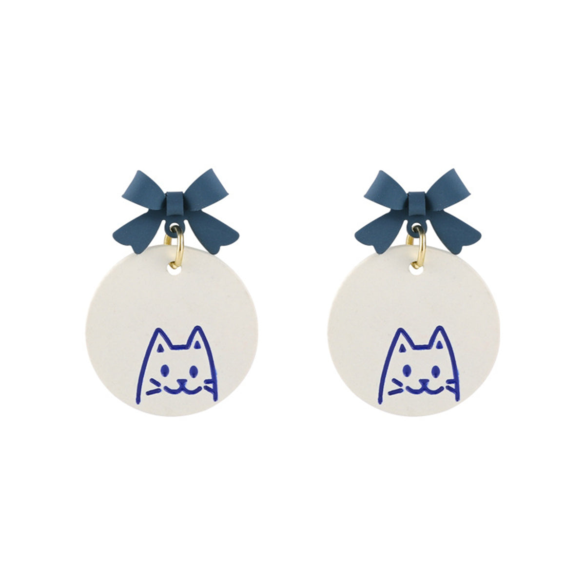 Blue Enamel Bow Cat Round Drop Earrings, drop earrings for women, elegant gift for her, front view