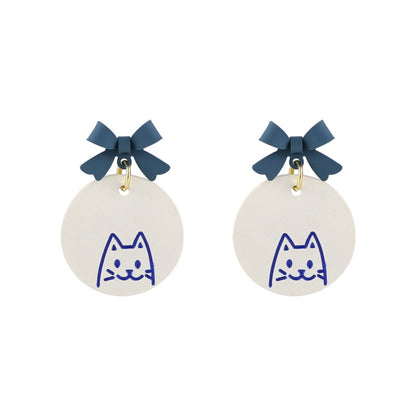 Blue Enamel Bow Cat Round Drop Earrings, drop earrings for women, elegant gift for her, front view