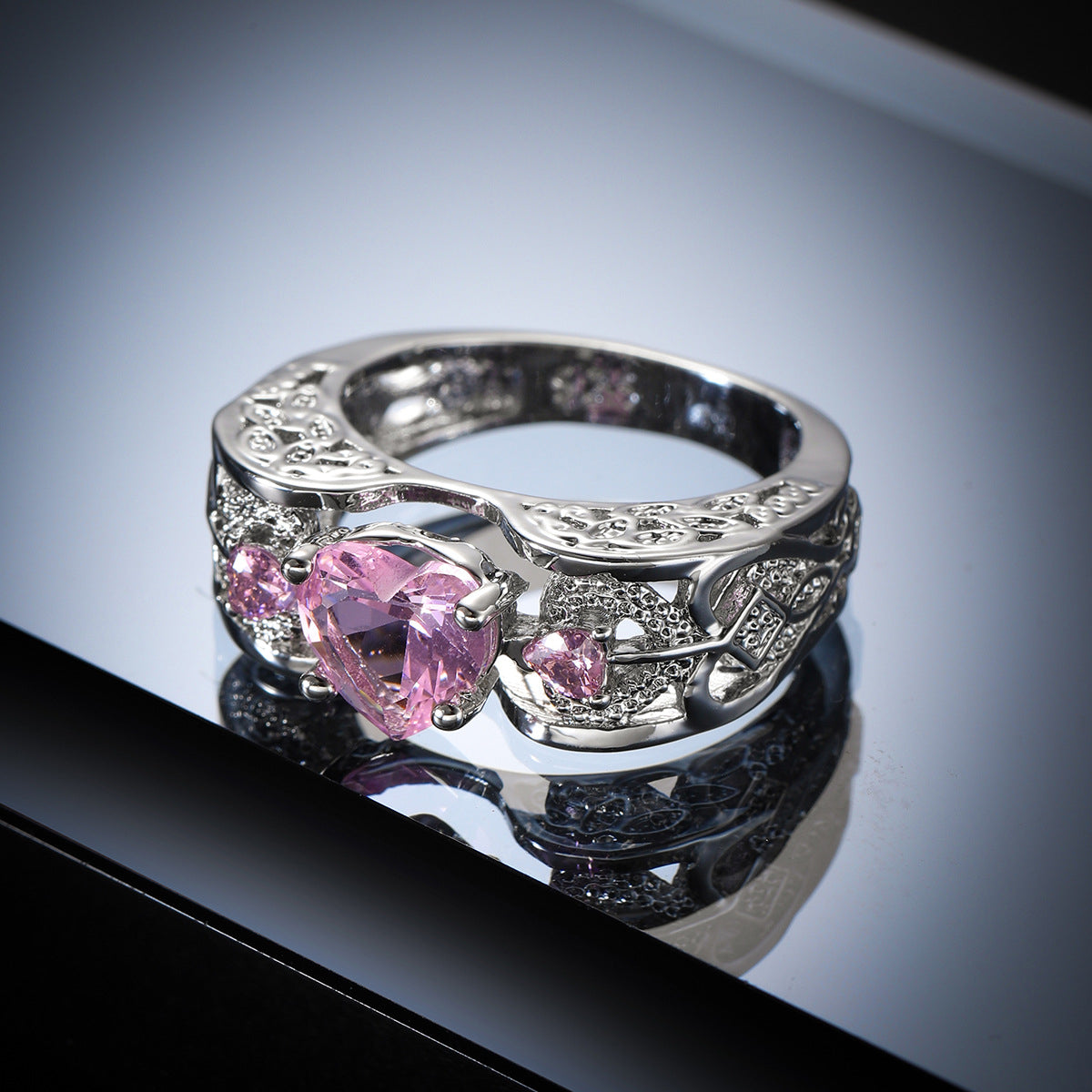 Pink Crystal and Cubic Zirconia Heart Band Ring, jewelry gift sets for women, elegant gift for her, side view