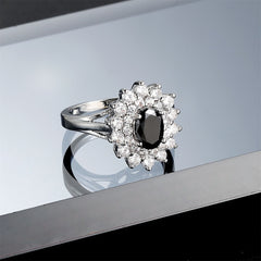 Cubic Zirconia & Black Crystal Flower Halo Ring