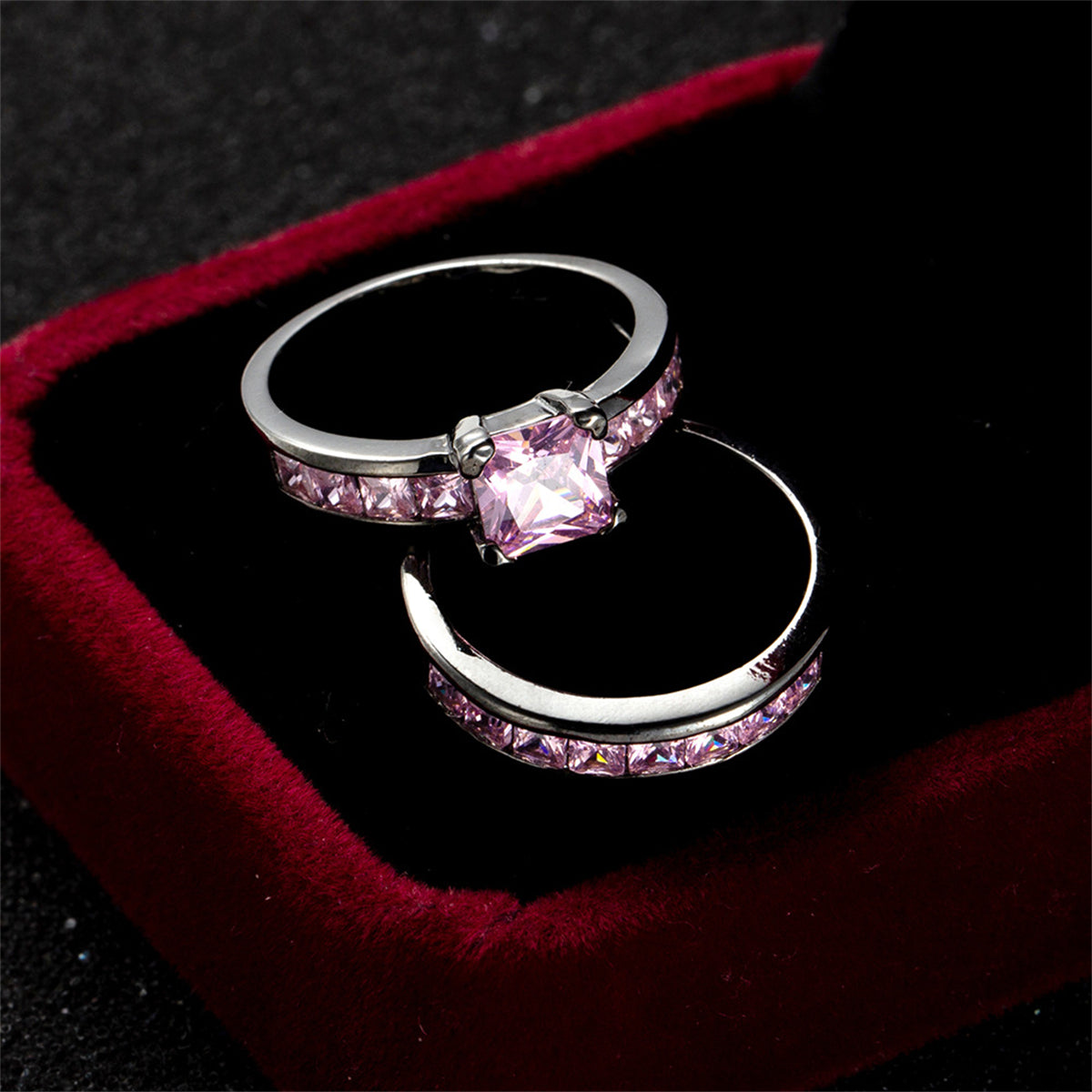 Pink Crystal and Black Stacking Ring Set, jewelry gift sets for women, botanical inspired, styled look