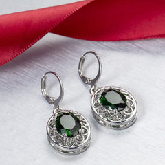 Green Crystal & Silver-Plated Floral Drop Earrings