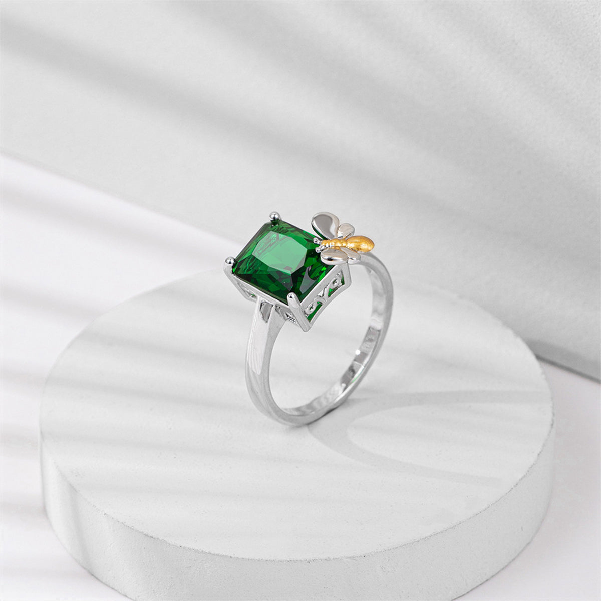 Green Crystal & Two-Tone Bee Emerald-Cut Ring