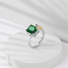 Green Crystal & Two-Tone Bee Emerald-Cut Ring