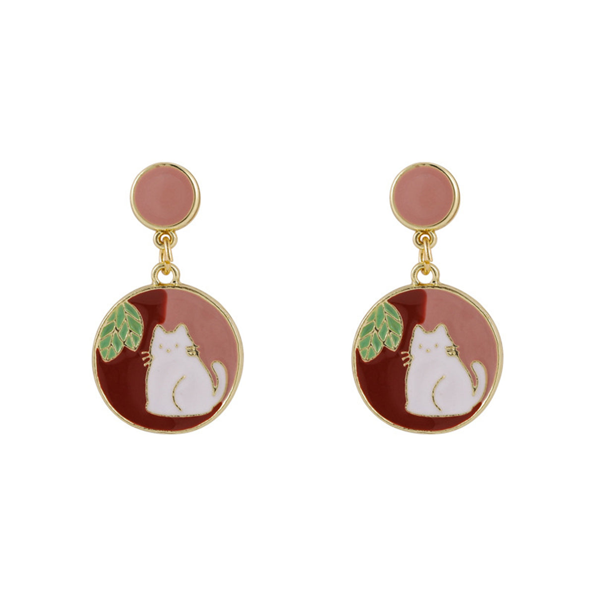 Red Enamel & 18K Gold-Plated Round Cat Drop Earring