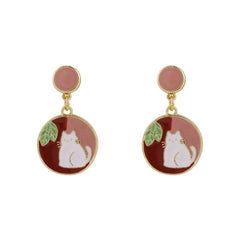Red Enamel & 18K Gold-Plated Round Cat Drop Earring
