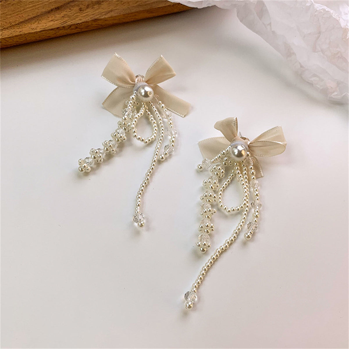 White Mesh & Pearl Butterfly Tassel Drop Earrings