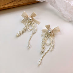 White Mesh & Pearl Butterfly Tassel Drop Earrings