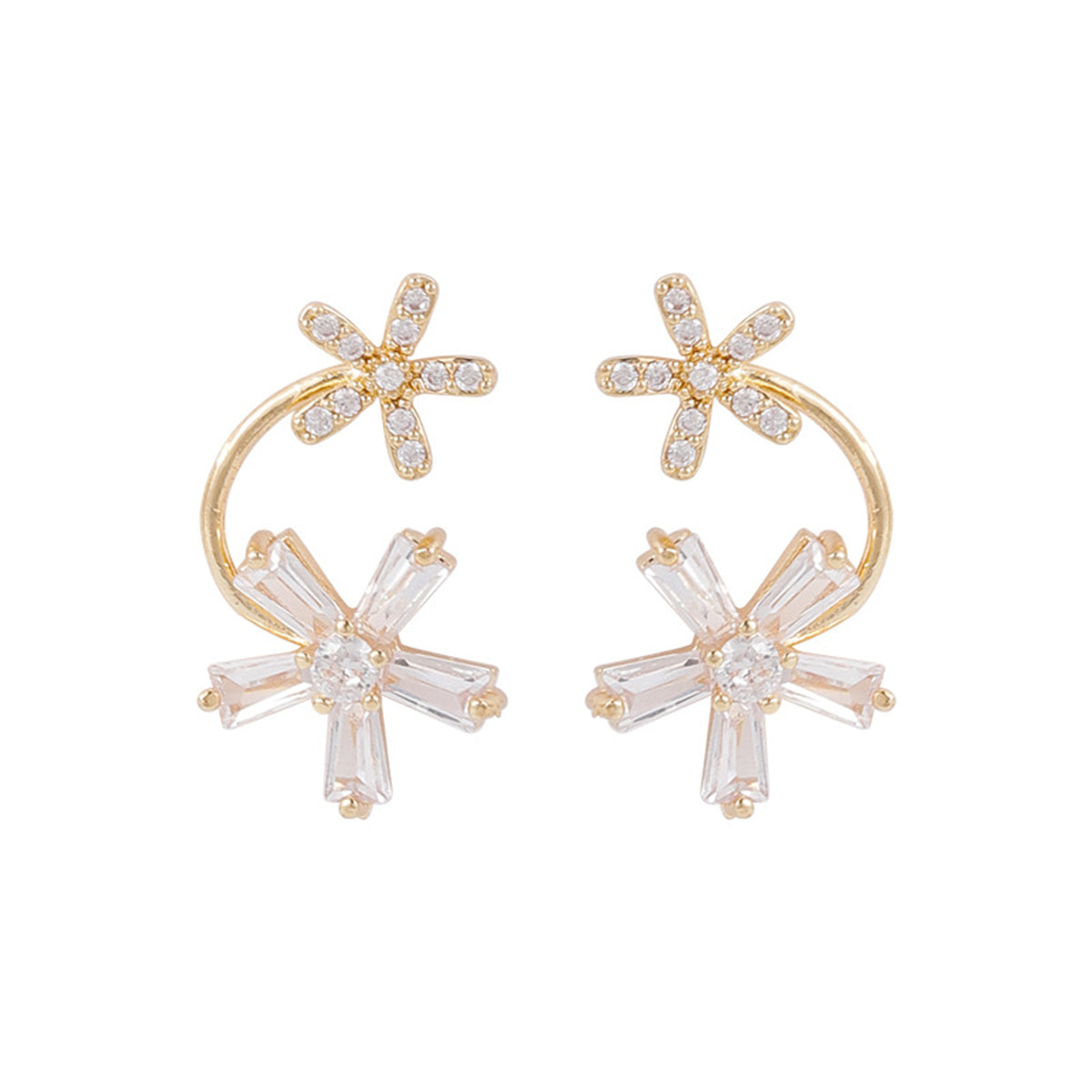 Cubic Zirconia and 18K Gold-Plated Double-Flower Stud Earrings, gold drop earrings for women, side view
