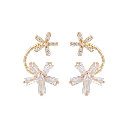 Cubic Zirconia and 18K Gold-Plated Double-Flower Stud Earrings, gold drop earrings for women, side view