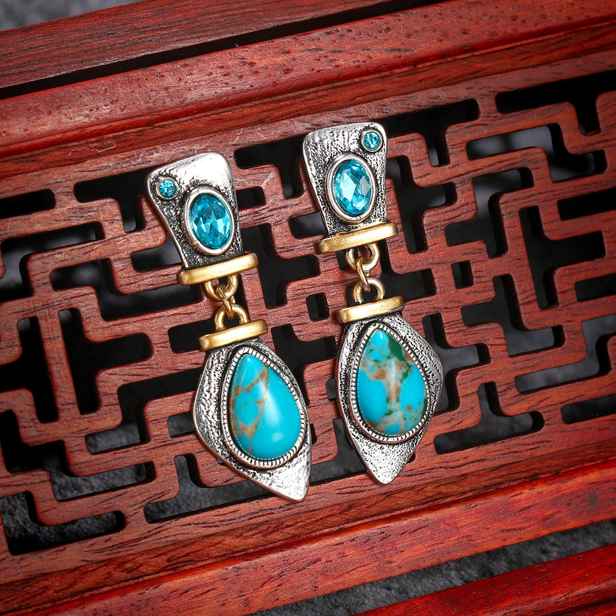 Sea Blue Crystal &  Turquoise Two Tone Drop Earrings
