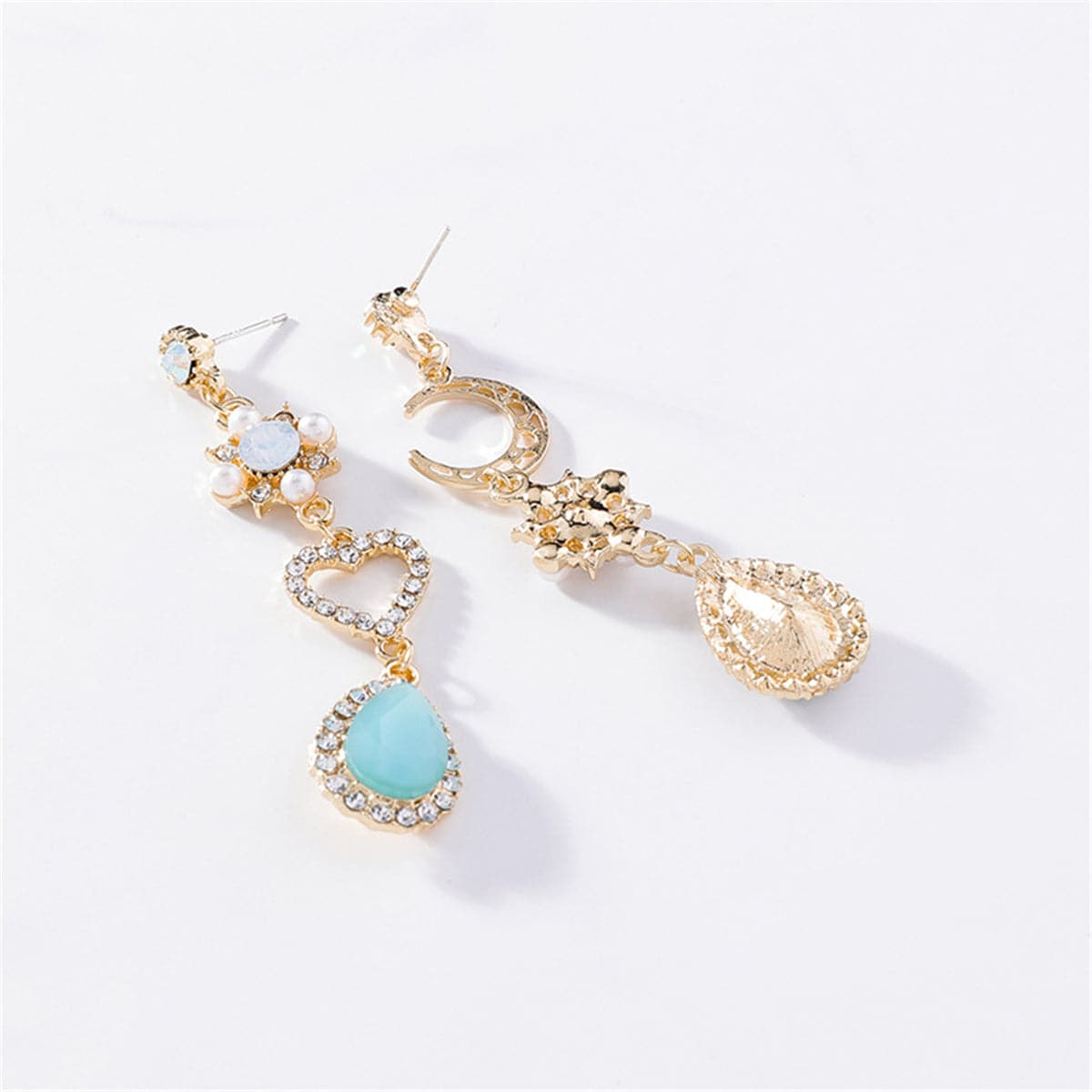 Aqua Moonstone and Pearl 18K Gold-Plated Asymmetrical Moon Heart Drop Earrings, gold drop earrings for women, lifestyle look