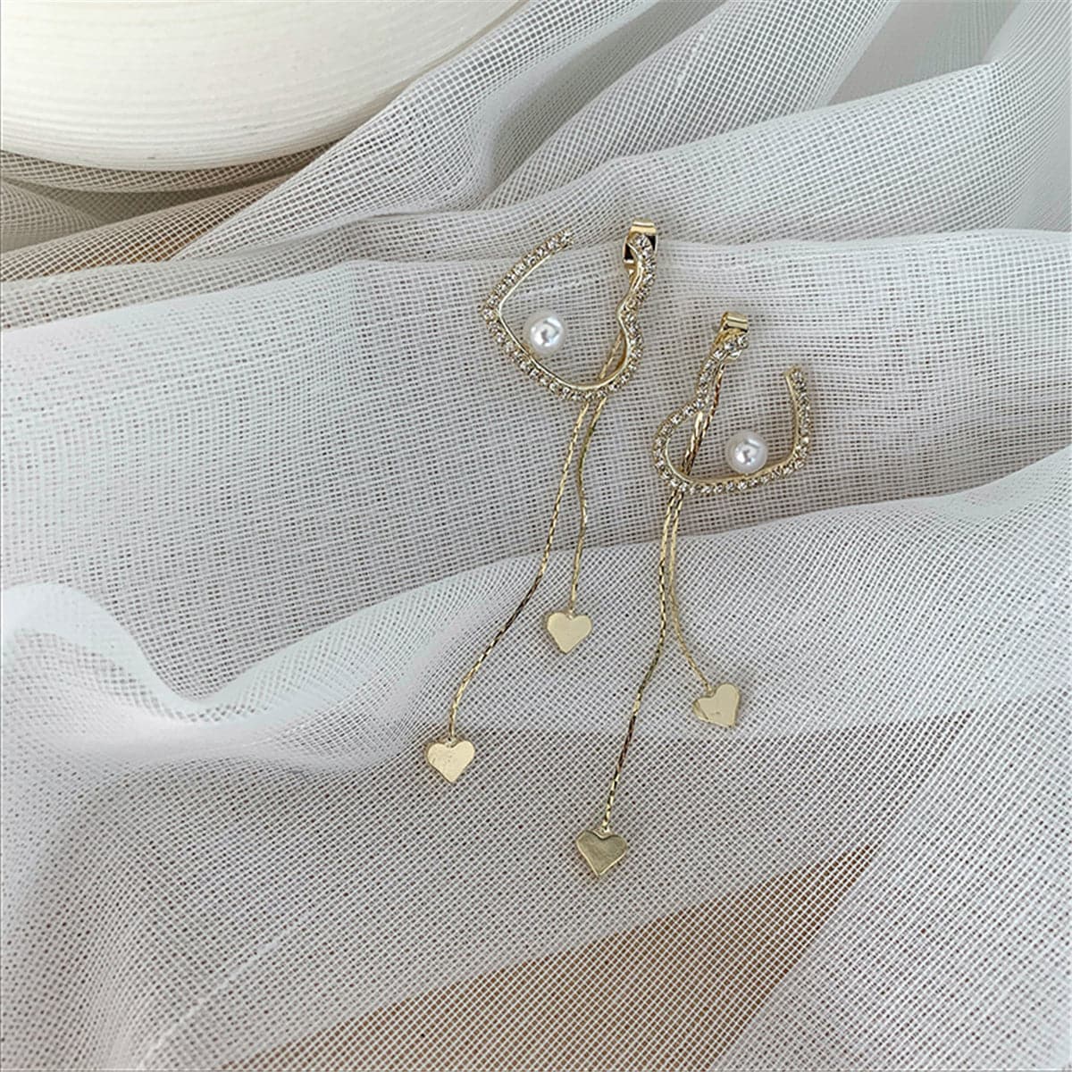 Pearl & Cubic Zirconia 18K Gold-Plated Heart Tassel Drop Earrings