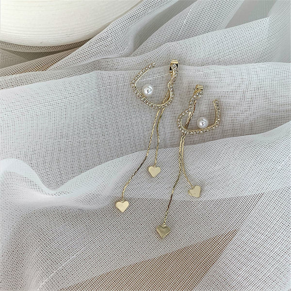 Imitation Pearl & Cubic Zirconia Heart Tassel Drop Earrings