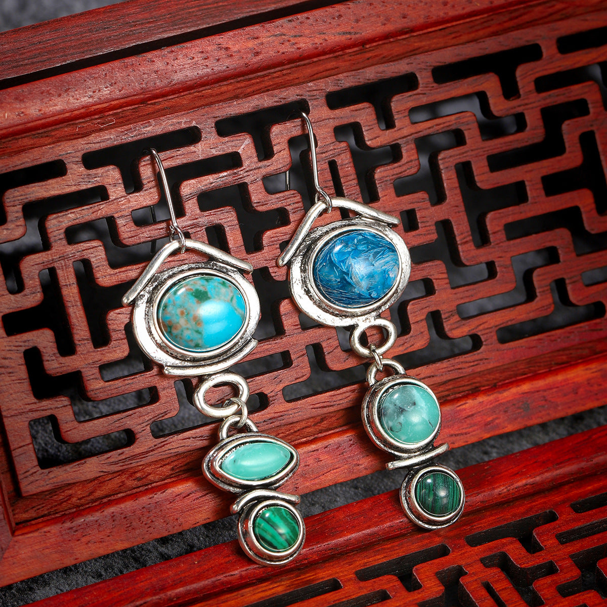 Turquoise & Crystal Silver-Plated Tiered Drop Earrings