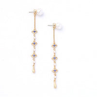Blue Crystal & Imitation Pearl Linking Eyes Drop Earrings - streetregion