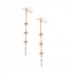 Blue Crystal & Imitation Pearl Linking Eyes Drop Earrings - streetregion