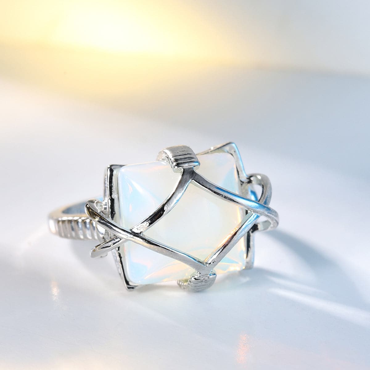 Quartz and Silver-Plated Wire-Wrapped Ring, silver statement rings for women, botanical inspired, detail close-up