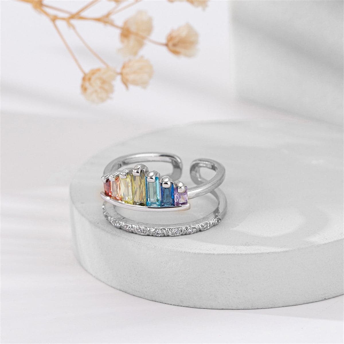 Multicolor Crystal & Silver-Plated Crown Open Ring