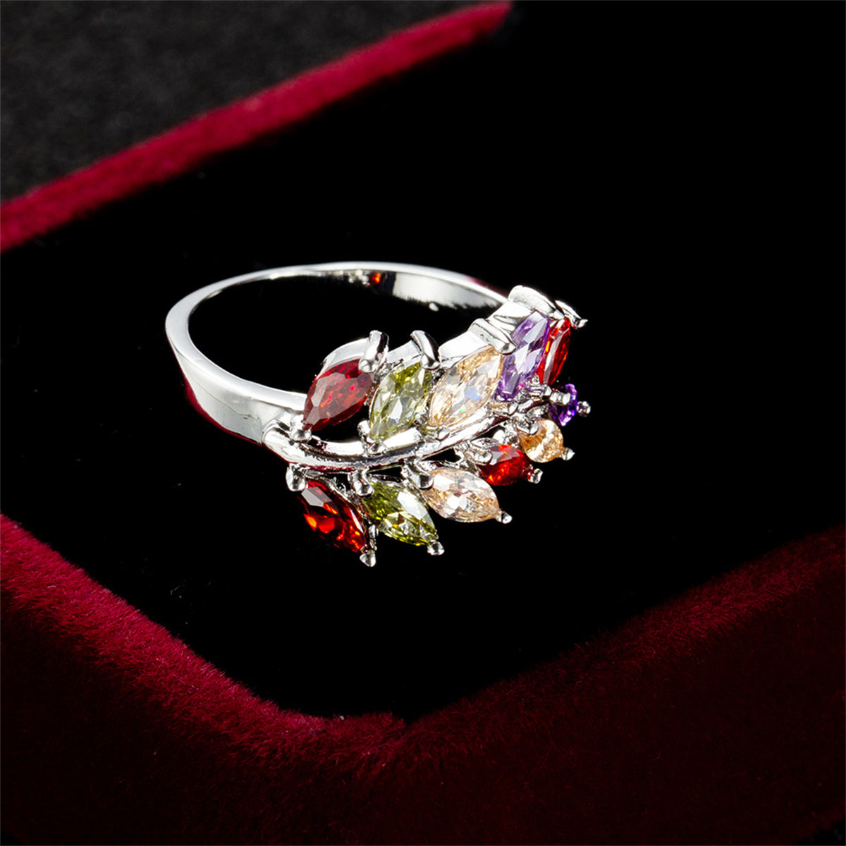 Marquise Crystal & Silver-Plated Leaf Ring