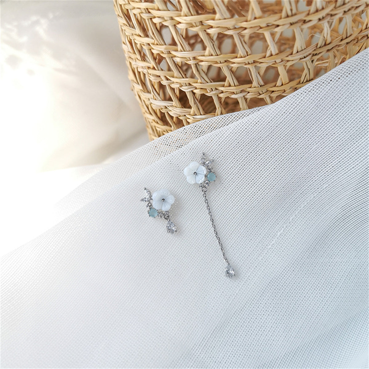 White Cat-Eye and Cubic Zirconia Floral Mismatched Drop Earrings, drop earrings for women, everyday style, front view