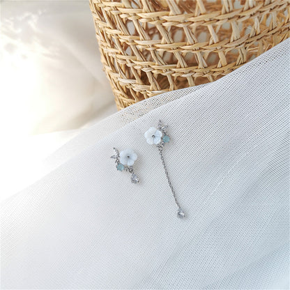 White Cat-Eye and Cubic Zirconia Floral Mismatched Drop Earrings, drop earrings for women, everyday style, front view