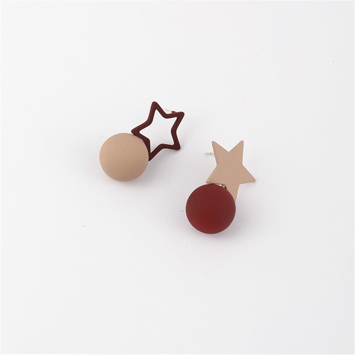 Blush & Red Enamel Star & Round Asymmetrical Dangle Earrings